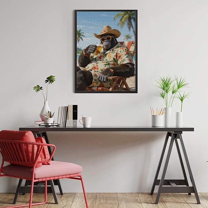 Summer Gorilla – 500 Piece Creative Animal Wooden Jigsaw Puzzle, Energetic Summer Gorilla Illustration, Brain Challenge, Relaxing Hobby, Family Entertainment