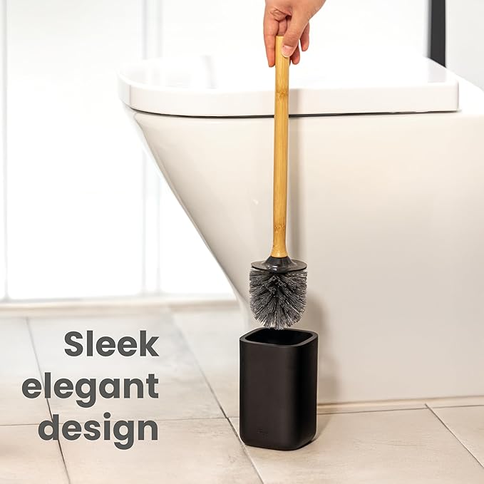 Vigar Zense Toilet Brush and Holder Set, Toilet Bowl Brush with Polyresin Stone Holder, Bathroom Sets for Bathroom Decor and Accessories, Cool Black