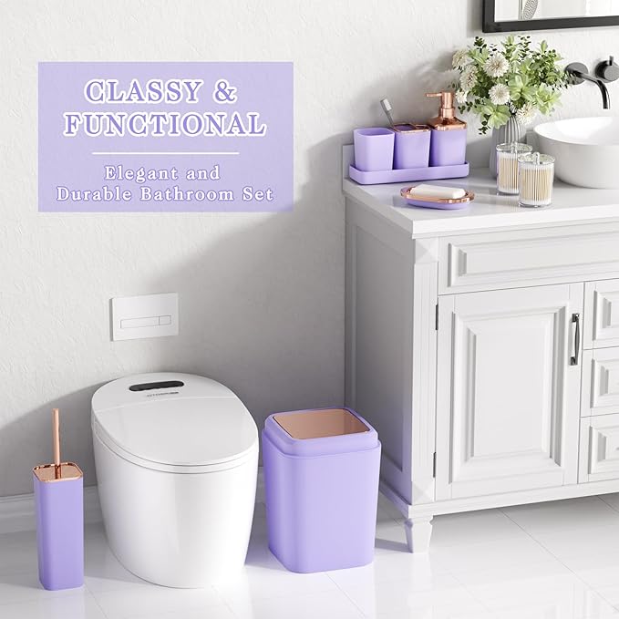 XLHOMO 9-Piece Bathroom Accessories Set, Purple Bathroom Accessories Sets Complete with Trash Can,Tray,Soap Dispenser,Toothbrush Holder,Toothbrush Cup,Soap Dish,Toilet Brush and Q-tip Holders