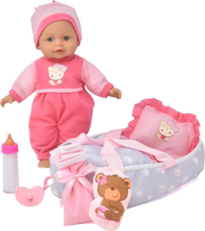 12 Inch Interactive Talking Baby Doll with Bassinet Carrier Bed & Accessories, Doll That Cries Laughs Talks with Pacifier Magic Disappearing Bottle & Take Along Bed with Blanket & Pillow