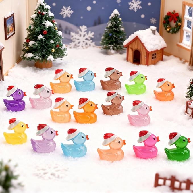 160Pcs Christmas Mini Resin Ducks Luminous Miniature Xmas Hat Animals Glow in The Dark Bulk for Micro Fairy Garden Dollhouse Decor Small Party DIY Slime Kit Prank Game Tiny Figure