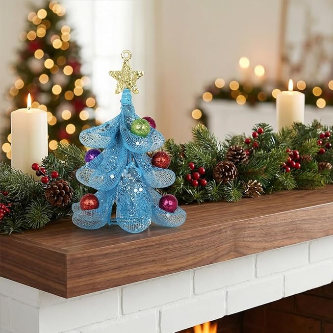 XMIAOX Mini Metal Christmas Tree, 5.9" Handcrafted Wire Mesh Tree Tabletop Hanging Ornament with Star Tree Topper & Colorful Glitter Balls, Sparkling Holiday Decoration for Desk, Shelf & Home Décor