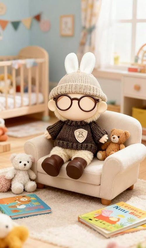 17cm Doll Clothes – 5-Piece Set, Hat + Sweater + Small Backpack + Glasses + Shoes, Cute and Premium Dolls Outfit Accessories (Khaki Brown)
