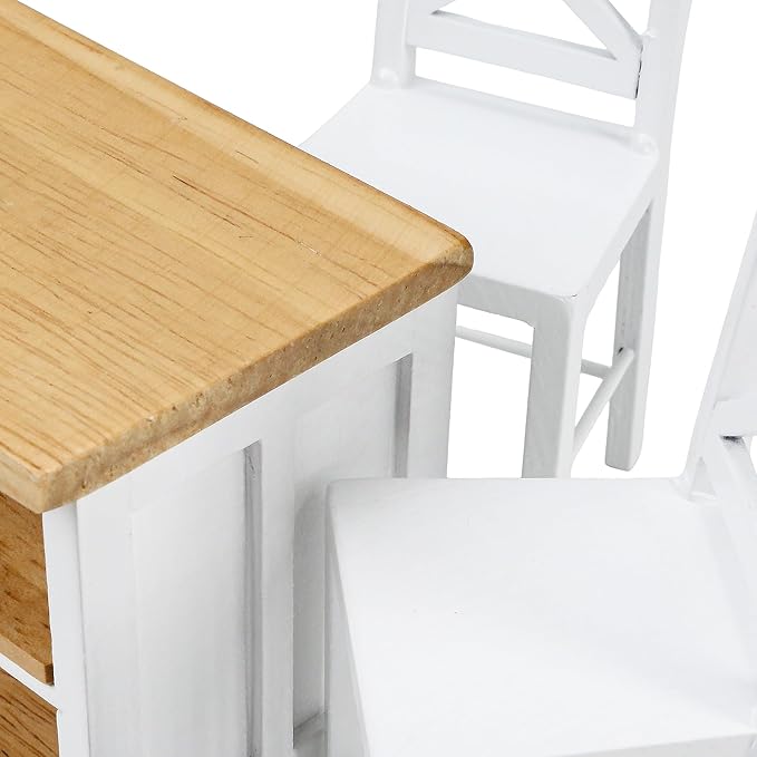 1/12 Scale Dollhouse Kitchen Dining Table Chairs Set – Miniature Kitchen Island with Stools, Modern Wood Furniture for Dollhouse Room Decor – Realistic Miniatures for Restaurant Bar Pub Barbie Crafts