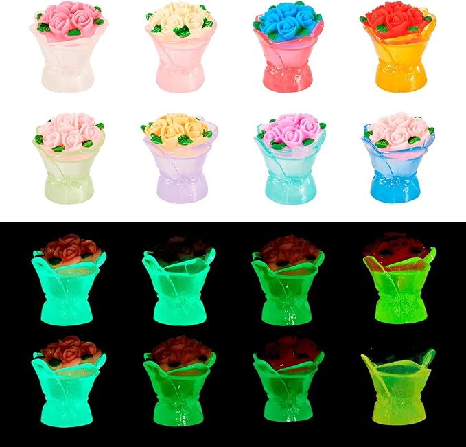 BB Beadthoven Beathoven 8Pcs Glow in The Dark Rose Flowers Ornaments Assorted Colors Luminous Resin Miniature Flowers Figurines for Dollhouse Fairy Garden Landscape Dollhouse Car Decorations