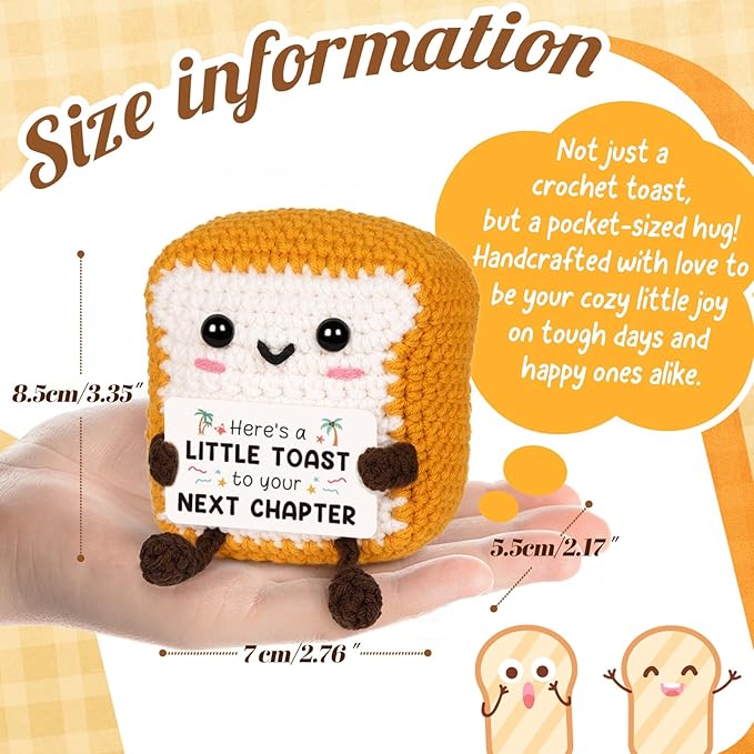 Glydein Funny Retirement Gifts for Women Men - Mini Positive Handmade Crochet Toast with Retirement Card“Next Chapter”, Cute Retired Present Desk Decor Keepsake for Coworker Teacher Boss Mom Dad
