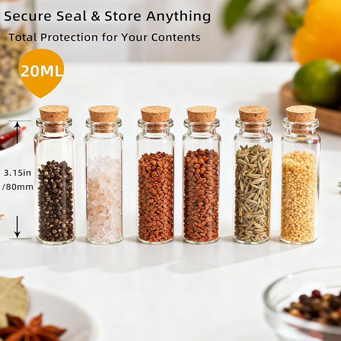100Pcs 20ml Mini Glass Bottles with Cork Stoppers - Small Clear Vials for DIY Crafts, Wedding Favors, Halloween Decor, Wishing Spell Jars, Includes Funnel-(22 * 80 mm)