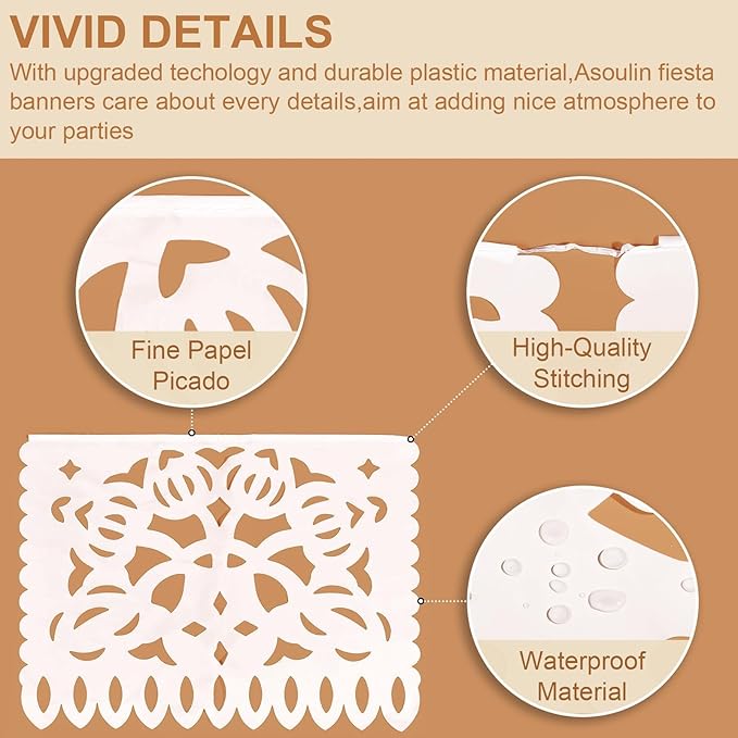 5 Pack White Papel Picado Banner, 90Ft White Mexican Banner for Parties Weddings, Papel Picado Dia De Los Muertos, Cinco De Mayo Decor, Day of The Dead Decorations, Fiesta Party Decoration Supplies