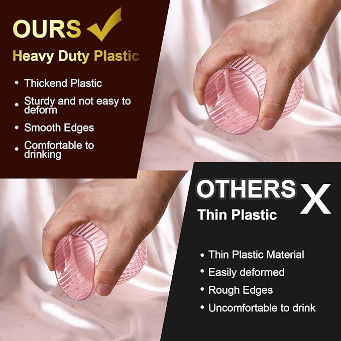 Lueumxc 40 Pack Plastic Ribbed Wine Glasses, 14Oz Origami Disposable Wine Glasses Unbreakable Clear Plastic Cocktail Glasses Recyclable Shatterproof Reusable Wine Cups (14oz-pink-40pack)