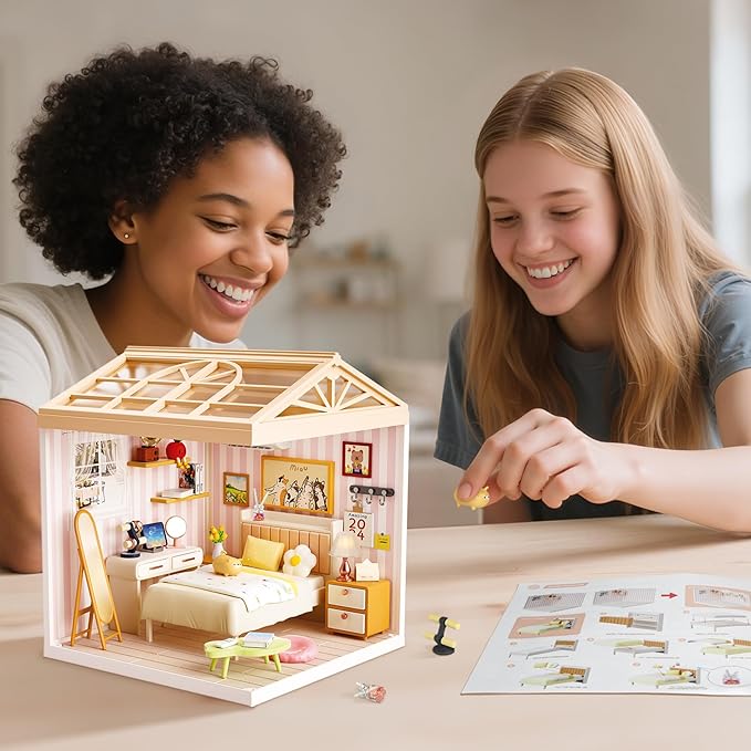 DIY Miniature House Kit Gift for Teens, Mini Dollhouse with Roof & Dust Covers, Light, Furniture, Creative Crafts for Adults for Mini Figures & Christmas Decor Gift Idea