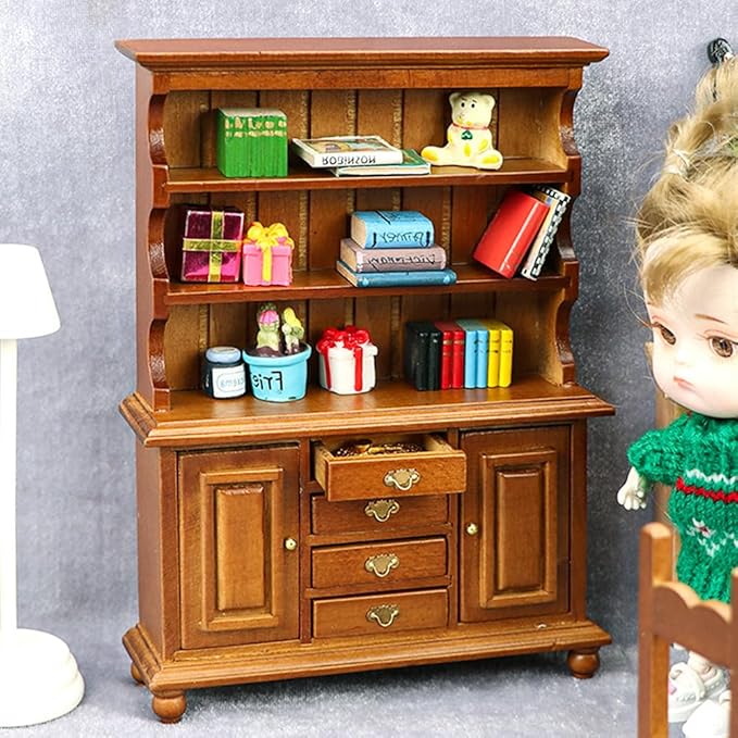 Dollhouse Furniture, Doll Display Cabinet with Drawers 1:12 Scale Miniature Dollhouse Vintage Wood Bookcase, Mini Dresser Living Bedroom Dolls & Accessories DIY Doll House Decorations for Girl and Boy