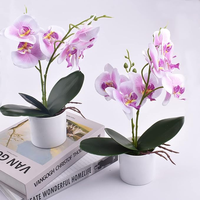 XONOR Artificial Orchid Flowers, 2 Pieces Potted Fake Orchids with Plastic Vase for Table Centerpiece Home Decor Office Wedding Party Decoration
