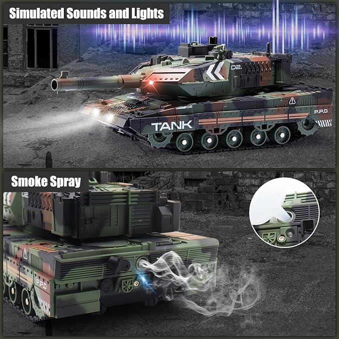 RC Tank - 2.4Ghz Remote Control Army Tank Toys with Auto Demo Sound Light Smoke - 13 Channel Military Vehicles Model Gift for Kids Adults Boys Age 6-8 9-12, Army Green