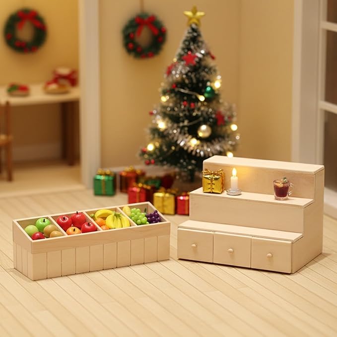 LOGOFUN 2Pcs Miniature Wooden Shelf 1:12 Scale Fruit Vegetable Rack Mini Wood Drawer Shelf Model Dollhouse Furniture Decoration Accessories