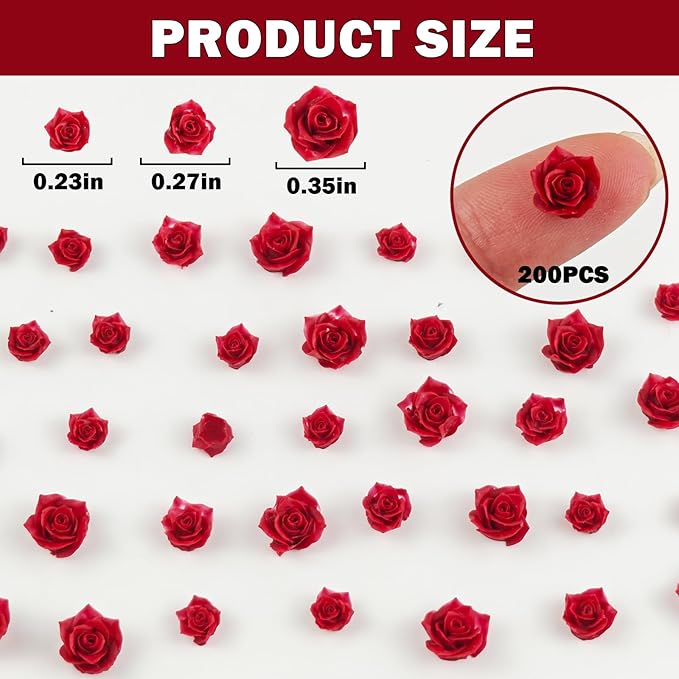 200 Pieces Tiny Red Rose Decor for Dollhouse Mini Resin Decor for Crafts Tiny Things for Fairy Garden Micro Landscaping Decoration