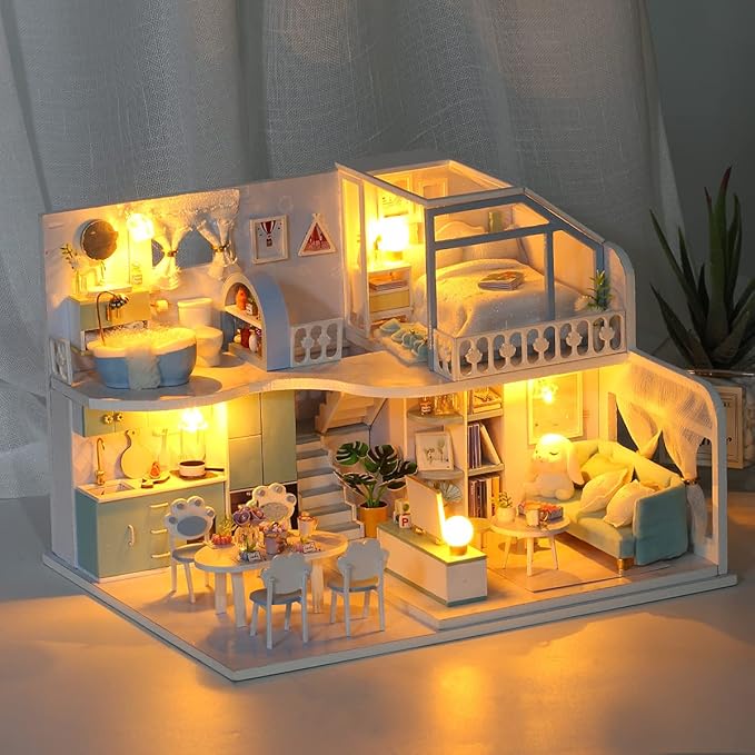 GuDoQi DIY Miniature Dollhouse Kit, Tiny House kit with Furniture, Miniature House Kit 1:24 Scale, Great Gift for Birthday Christmas Day, Beautiful Blue Room