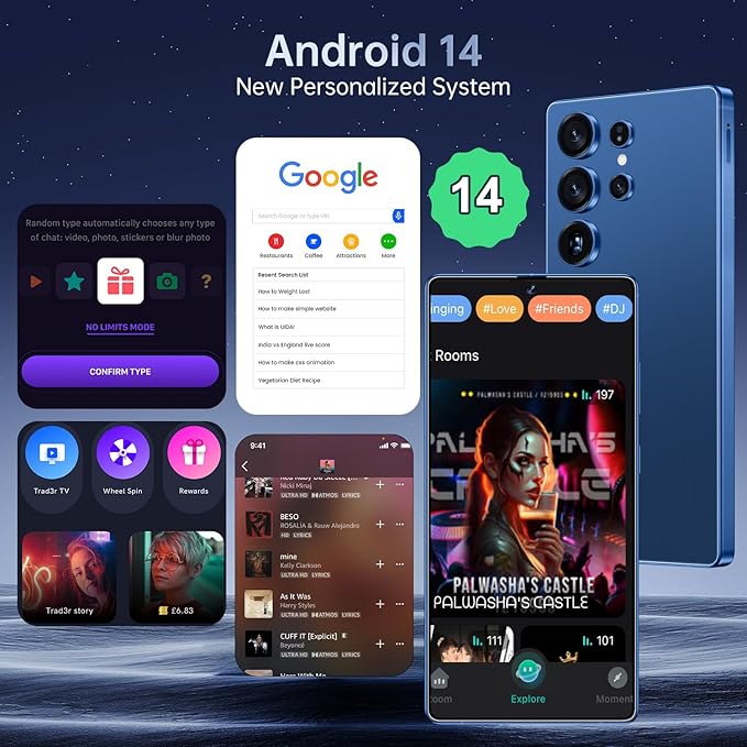 BDWJW I25 Ultra Smartphone 16GB+512GB Android 14 Smartphone, 6.99" FHD+ Display, 7000mAh Battery, 108MP+68MP Dual Camera, Built-in Pen Stylus, Fast Performance Large Memory (Blue)