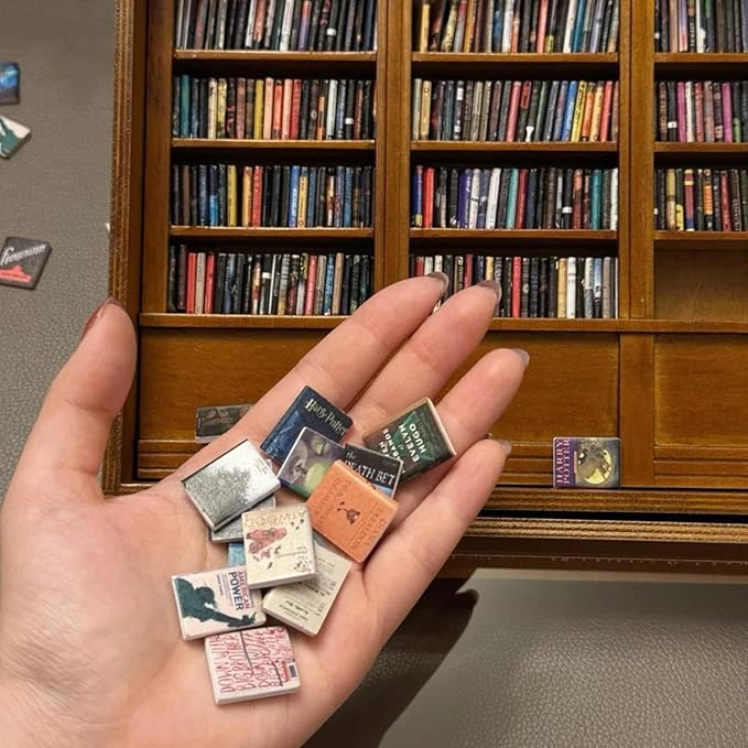 Anxiety Bookshelf Shake Away Your Anxiety, Miniature Book Display Case Cabinet with 200 Mini Books, Creative Wooden Mini Bookshelf Shake Anxiety Stress Reliever Funny Gifts for Book Lovers (Mini Book)