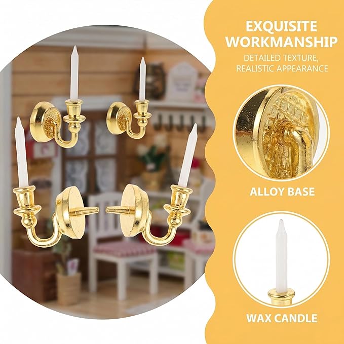 TOYANDONA 1 Pair Dollhouse Wall Light Doll House Dolls Candle Decor Home Decorations Miniature Candle Accessories Household Doll House Furniture Dolls for Dollhouse Golden Ferroalloy