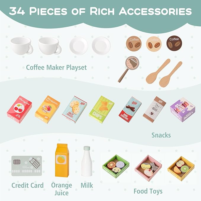 Costzon Kids Grocery Store Playset, Wooden Play Store w/Checkout Counter, Cash Register, Vending Machine, Coffee Maker & Play Food Accessories, Grocery Pretend Play Toy for Boys & Girls
