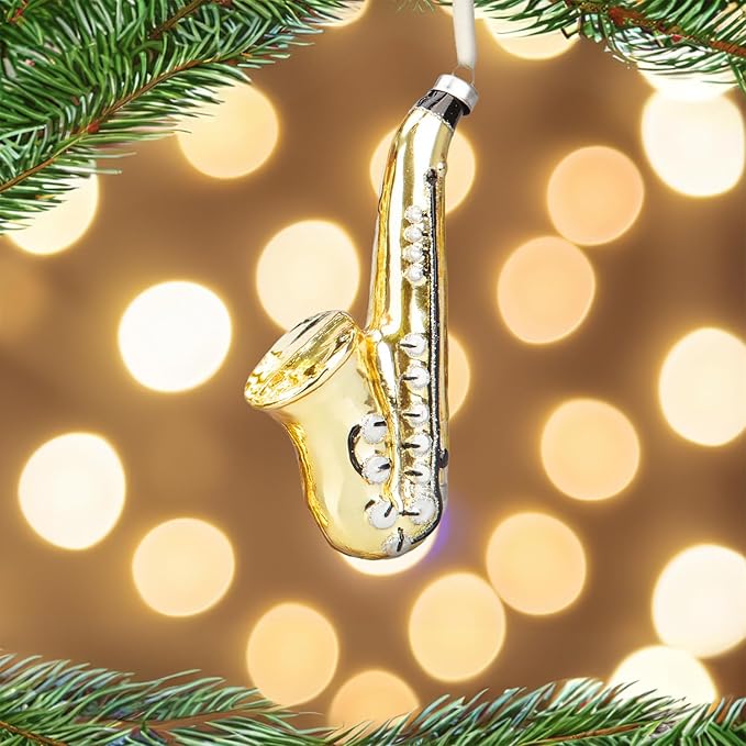 Every Day is Christmas Glass Blown Ornaments Cute Hand Made Figurines Tree Decoration, Set of 2 Trumpet and Saxophone