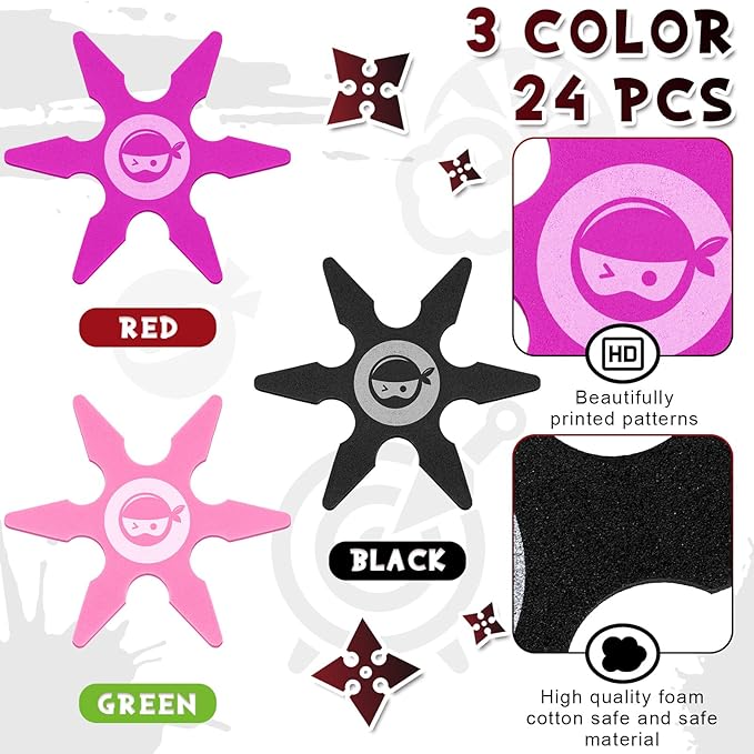 Chivao Ninja Foam Star Toys Small Throwing Foam Stars Throwing Toys Ninja Party Favors for Birthday Party Costume Accessory Halloween Cosplay, 4 Inch(24 Pcs,Dark Pink, Pink, Black)