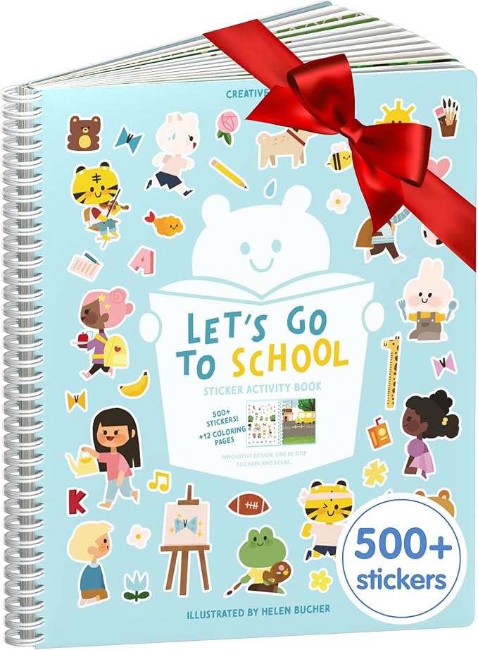 CUPKIN Sticker Book for Kids 2-4, 500+ Kids Stickers, Let's Go to School 12 Coloring Pages 12 Side by Side Scenes, Fun Toddler Travel Activity Coloring and Sticker Books for Ages 4-8 + 8-10