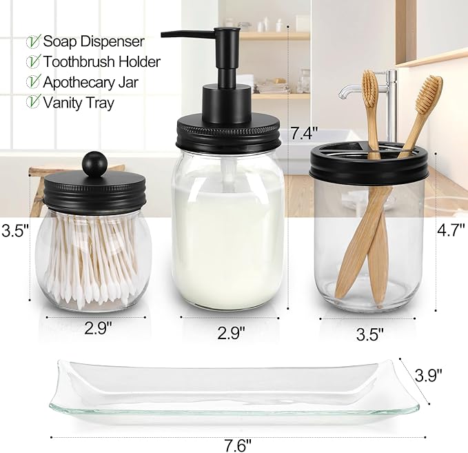 Jenseits Bathroom Accessory Set 4 Pcs - Toothbrush Holder, Lotion Soap Dispenser, Apothecary Jars Qtip Holder, Vanity Tray - Farmhouse Bathroom Accessories, Rustic Home Country Decor (Black)