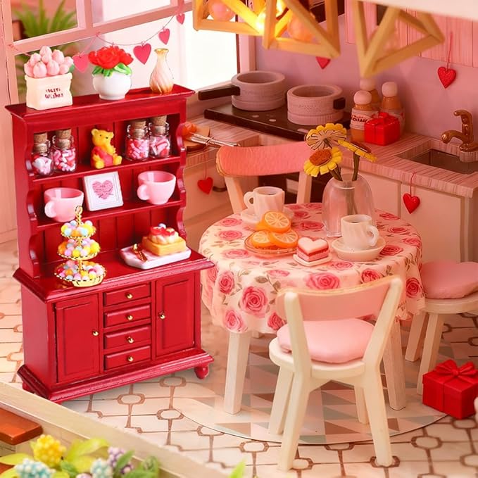 24Pcs Valentines Dollhouse Miniatures Decorations 1:12 Scale Mini Romantic Wooden Bookshelf Furniture Set Tiny Bottles Flowers Chairs Cups Valentine's Day Decor