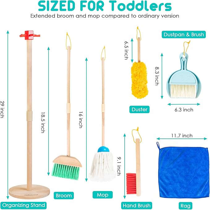 HELLOWOOD Kids Cleaning Set, 8 Pcs Wooden Housekeeping Play Set Includes Broom Mop Duster Dustpan Brushes Rag and Organizing Stand, Cleaning Toys Gift for Toddlers Girls Boys Age 3-6, Solid Beech Wood