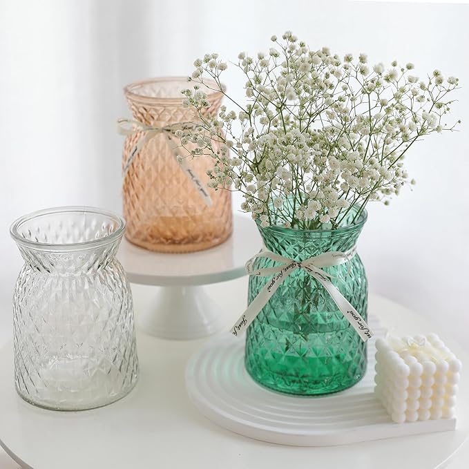 SOJOCK 2PACK Glass Flower Vases(Flowers NOT Included),6.3" High Diamond Pattern Vases,Vintage Vases for Centrepieces,Wedding Decorations,Home Table Flower Decorations