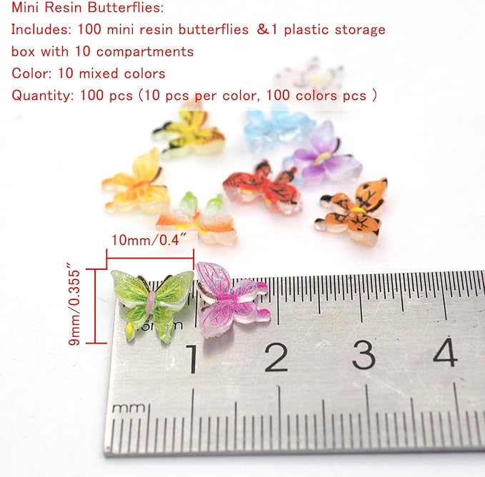 100 PCS Tiny Decorative Resin Butterfies Mini Artificial Animal Models -Neatly Organized in a Plastic Storage Box for DIY Handmade mini House Miniature Landscape （10 Colors Mixed ）