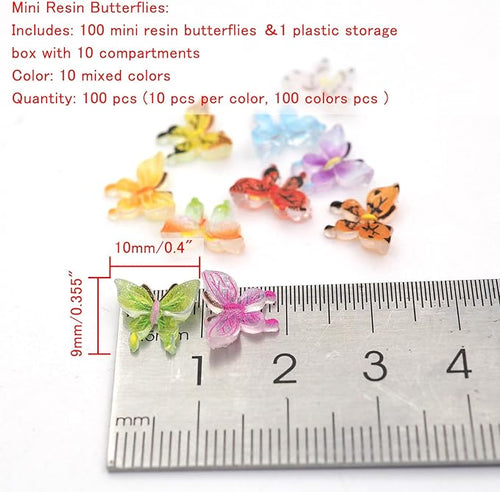 100 PCS Tiny Decorative Resin Butterfies Mini Artificial Animal Models -Neatly Organized in a Plastic Storage Box for DIY Handmade mini House Miniature Landscape （10 Colors Mixed ）