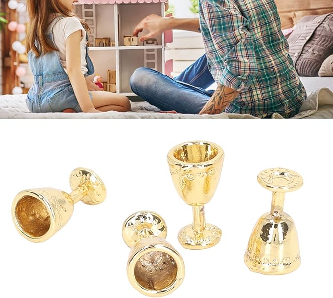 Hosi Miniature Wine Goblet Cup, Alloy Charming Exquisite Robust Dollhouse Mini Champagne Cup Simulation 1:12 Dollhouse (4 Gold)