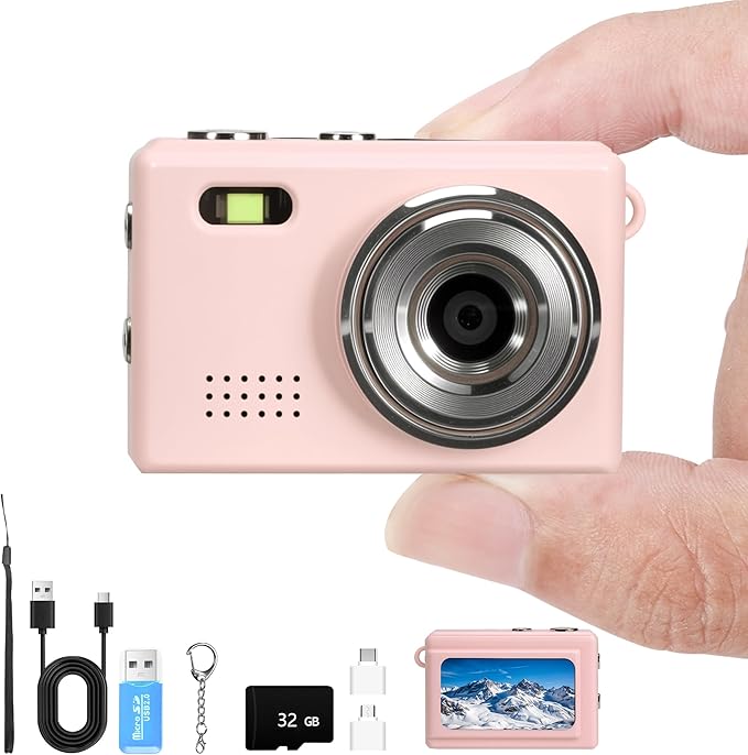 Mini Keychain Camera, FHD 1080p Mini Digital Camera with 32GB SD Card, 0.96" HD Display, 100 Mins Battery Life for Travel Recording Birthday Gifts (Modern, Pink1)
