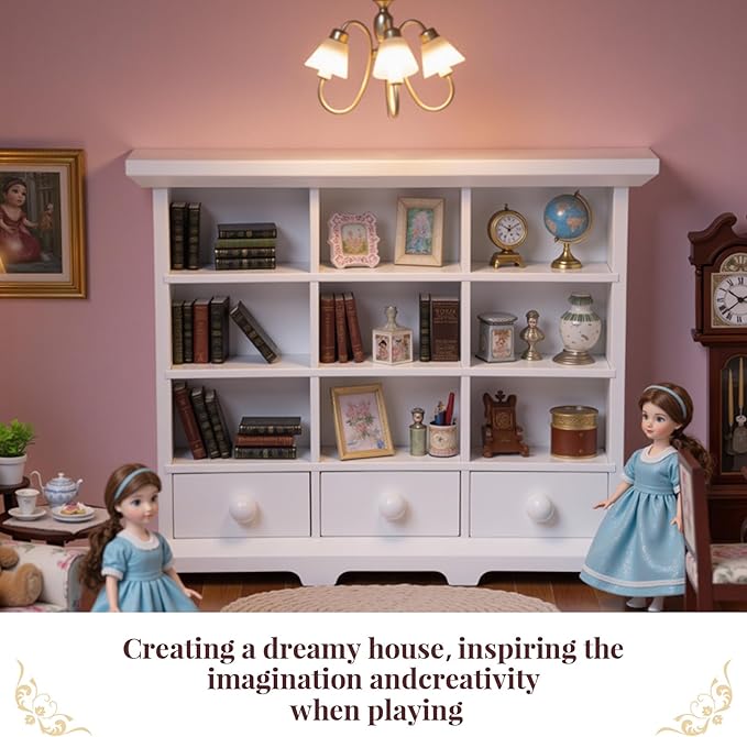 BABESIDE 1:12 Dollhouse Mini Bookshelf with 9 Mini Books – Wooden Dollhouse Furniture Accessories for Kids, Baby Doll Accessories Gift for Girls Age 3+