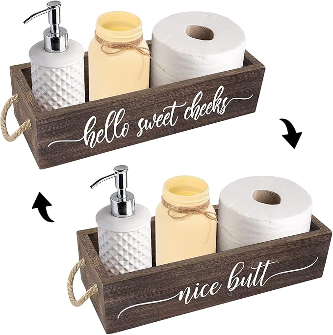 PZJIEAN 2 Sides Brown Funny Sayings Toilet Paper Bathroom Decor Box with Handle, Farmhouse Bathroom Decor Box for Toilet Paper