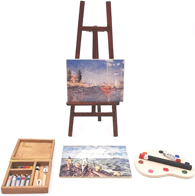 Dollhouse Decoration Accessories, 1/12 Dollhouse Miniature Wooden Easel Oil Painting Set Palette Watercolor Box Simulation Toys for Doll