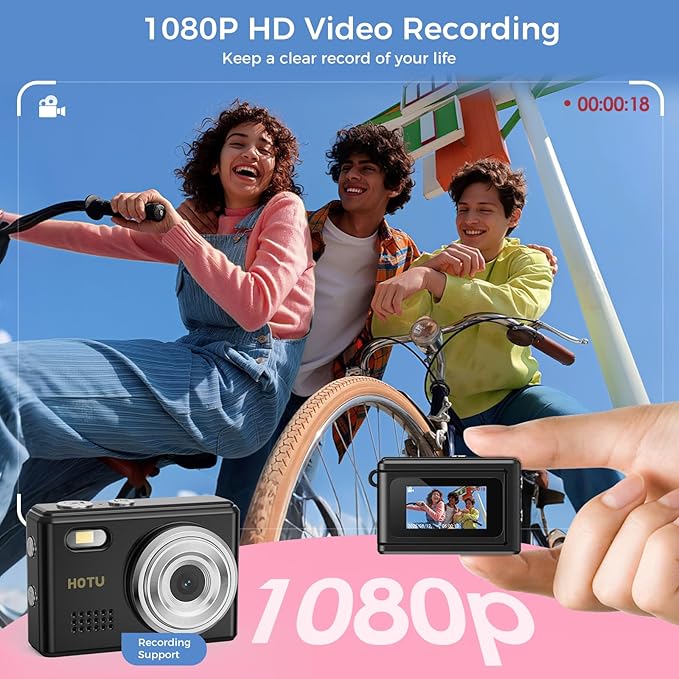 HOTU Mini Keychain Camera, Y2K Portable Mini Digital Camera, 2MP 1080P Video Recording Small Camera with 32GB Card for Kids, Long Battery Life for Travel, Vlog, Black