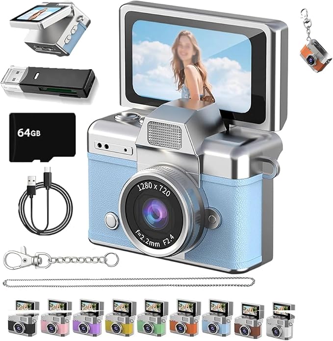 Thumb-Sized Flip Screen Mini Camera, Mini Keychain Digital Camera, Flip Screen Mini Camera with Built-in Flash & Flip Display, 64GB Memory, Portable Keychain Camera for Travel & Daily Use (1, Blue)