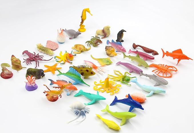 Pinowu Ocean Sea Animal Figurines (50pcs), Assorted Mini Vinyl Rubber Animal Toy Set, Realistic Sea Creature Bath Toy for Child Party Favors Gift, Cupcake Topper, Education, Sensory Bin Filler