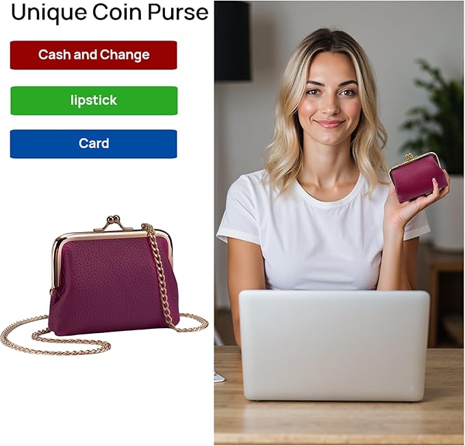 Cute Small Coin Purse & Credit Card Holder for Women Fashion Crossbody Chain Wallet Leather Coin Pouch Change Purse for Cash Key (Magenta)