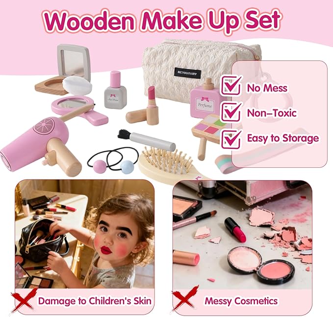 SMARTWO Wooden Makeup Toy Set for Toddler,Kids Pretend Play,Children Role Play Toys,Fake Cosmetics Salon Toys,Princess Dressup Accessories with Bag Birthday Gift for Girls 3 4 5 6