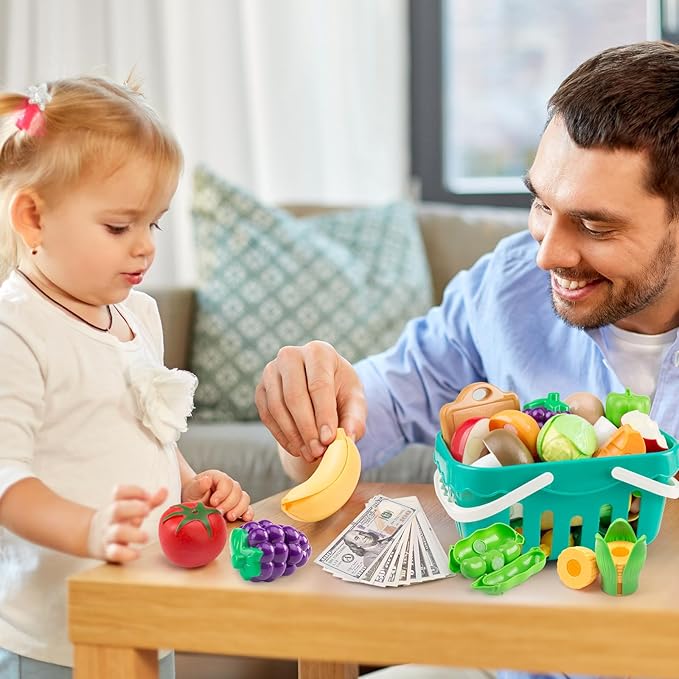 240Pcs Kids Mini Play Kitchen Accessories, Play Pans, Pots, Cookware with Desserts, Cuttable Veggies & BBQ Set & Storage Basket, Prop Money, Learning Gift for Child，Toddlers, Child, Green