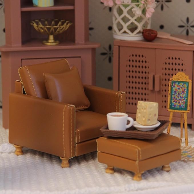 Funky Mini House Miniature Dollhouse Leather Sofa Set, 1:12 Scale Single Couch with Footstool & Pillow for Living Room Gift for Dollhouse Enthusiasts, Collectors & DIY Craft Lovers (Brown)