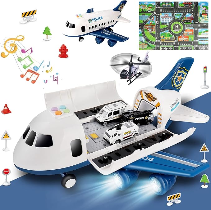 Dwi Dowellin Toddler Toys Car for Boys:Boy Toy Transport Cargo Airplane|Kid Toys 20 in 1 Carrier Vehicle Police Toys for Kids Age 2-4 3-5 4-7 Year Old Boys Girls