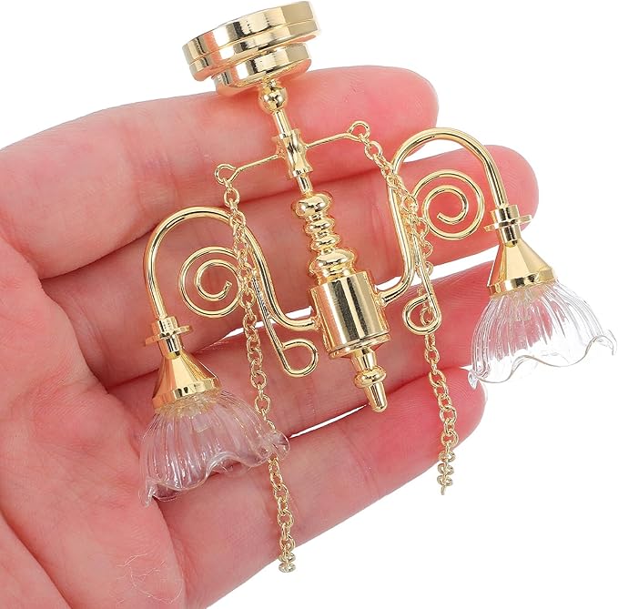 FRCOLOR Dollhouse Miniature Chandelier, Gold Double-Head Floral Ceiling Light Battery Operated for Dollhouse Lighting Decor Accessories, Tiny Ceiling Lamp for Miniature Furniture Scenes 1:12 Scale