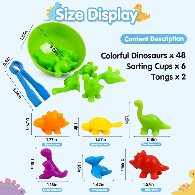 Counting Dinosaurs Toys Matching Game with Sorting Bowls Preschool Learning Activities Montessori Sensory Toys for Math Color Sorting, Party Favors Birthday New Year Gifts for Toddlers