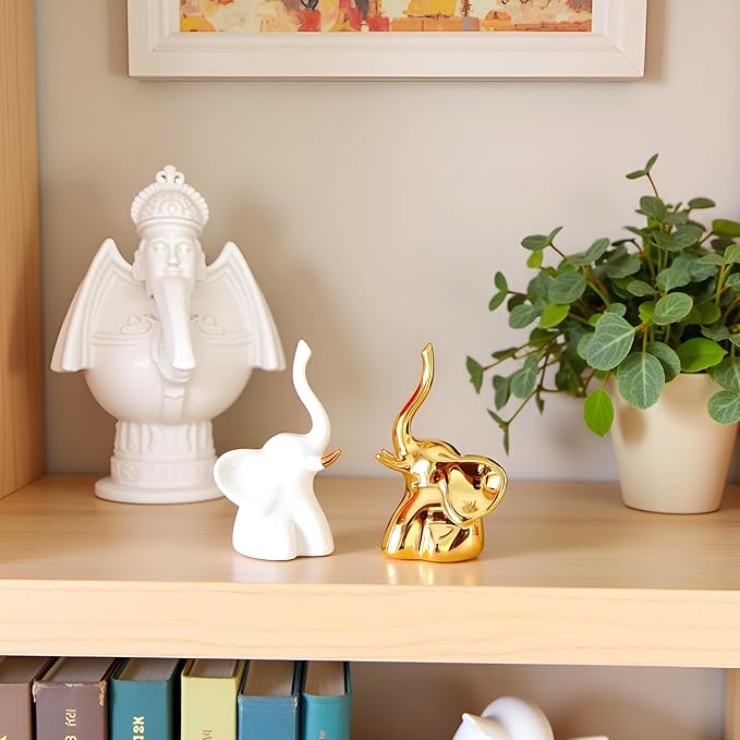 BIHOIB Home Decor Elephant Statues,1 Pair, Small Decorative Accents for Shelves, Livingroom and Bedroom, Gold and White