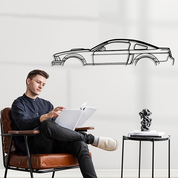 DecoSoul Mustang Metal Car Wall Art, Sports Car, Automotive Silhouette Line Decoration, Minimalist Sculpture for Garage, Indoor Outdoor Wall Hanging, Gift for Boyfriend (Black - 40 x 11” inch)